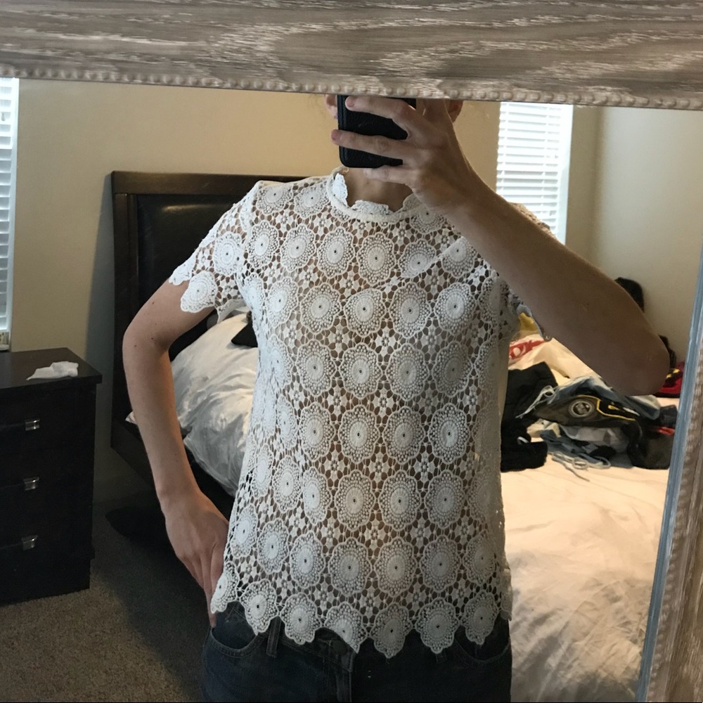 Fine flower lace crochet shirt ivory